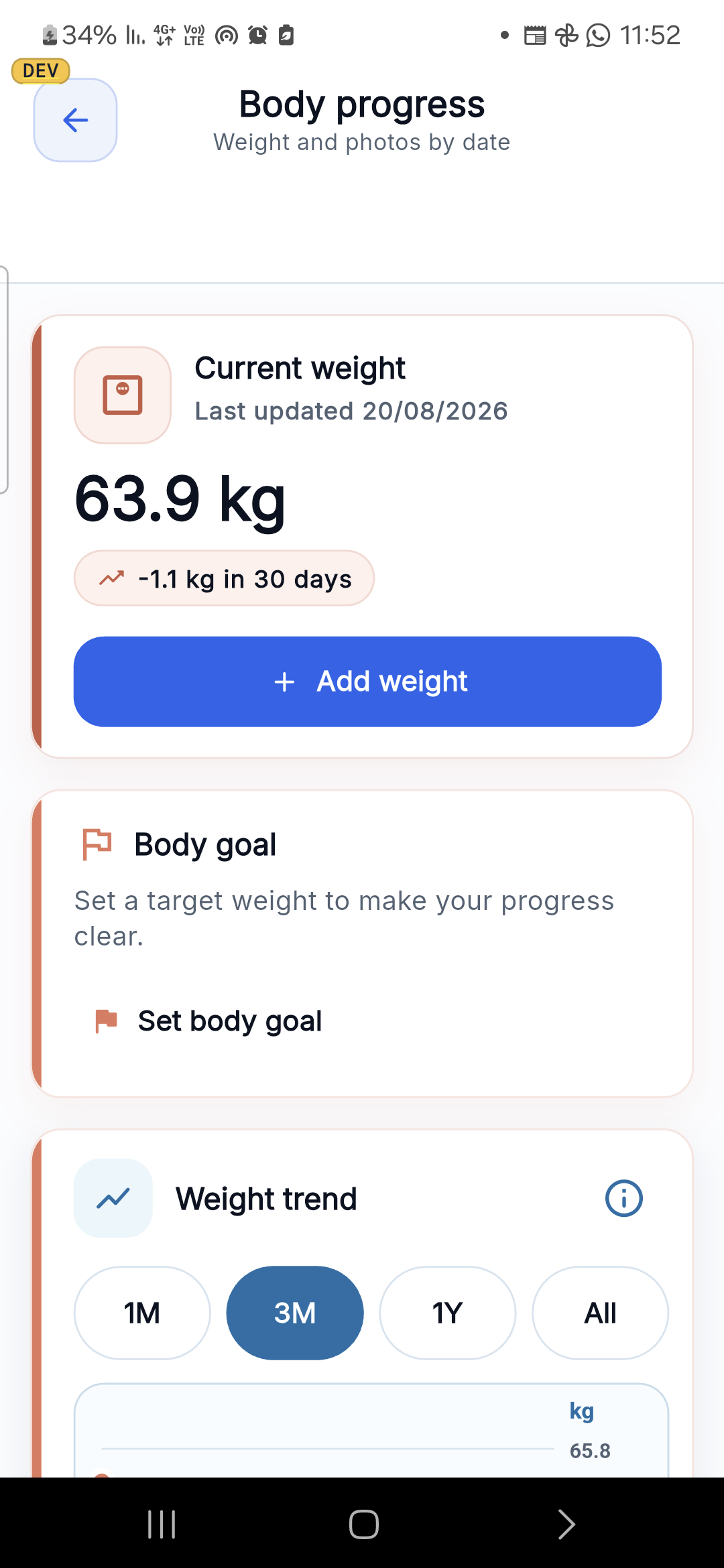 BodyPlus Body progress screen with current weight, body goal, and weight trend controls; representative sample data