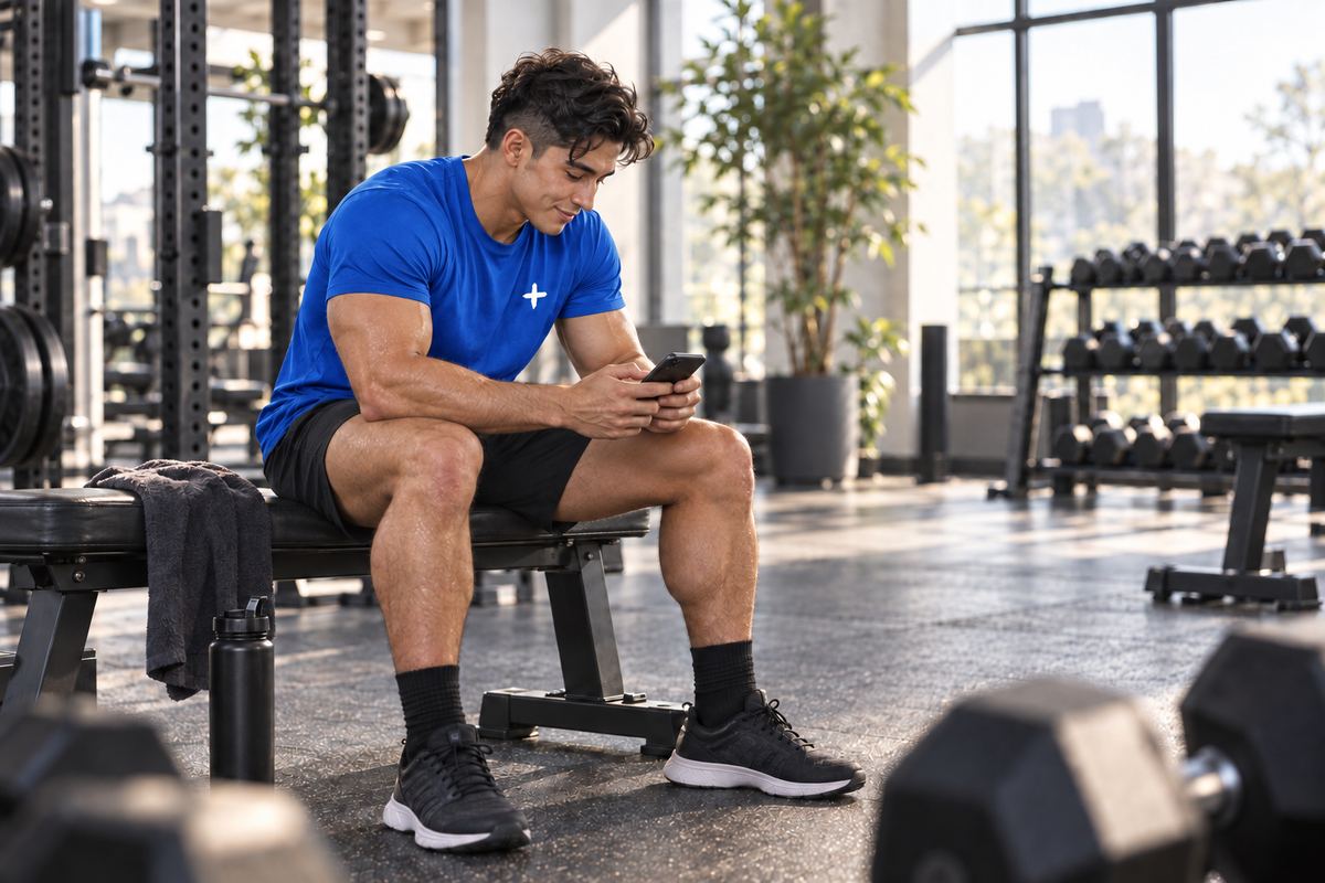 A man sits on a gym bench after a set and notes it on his phone