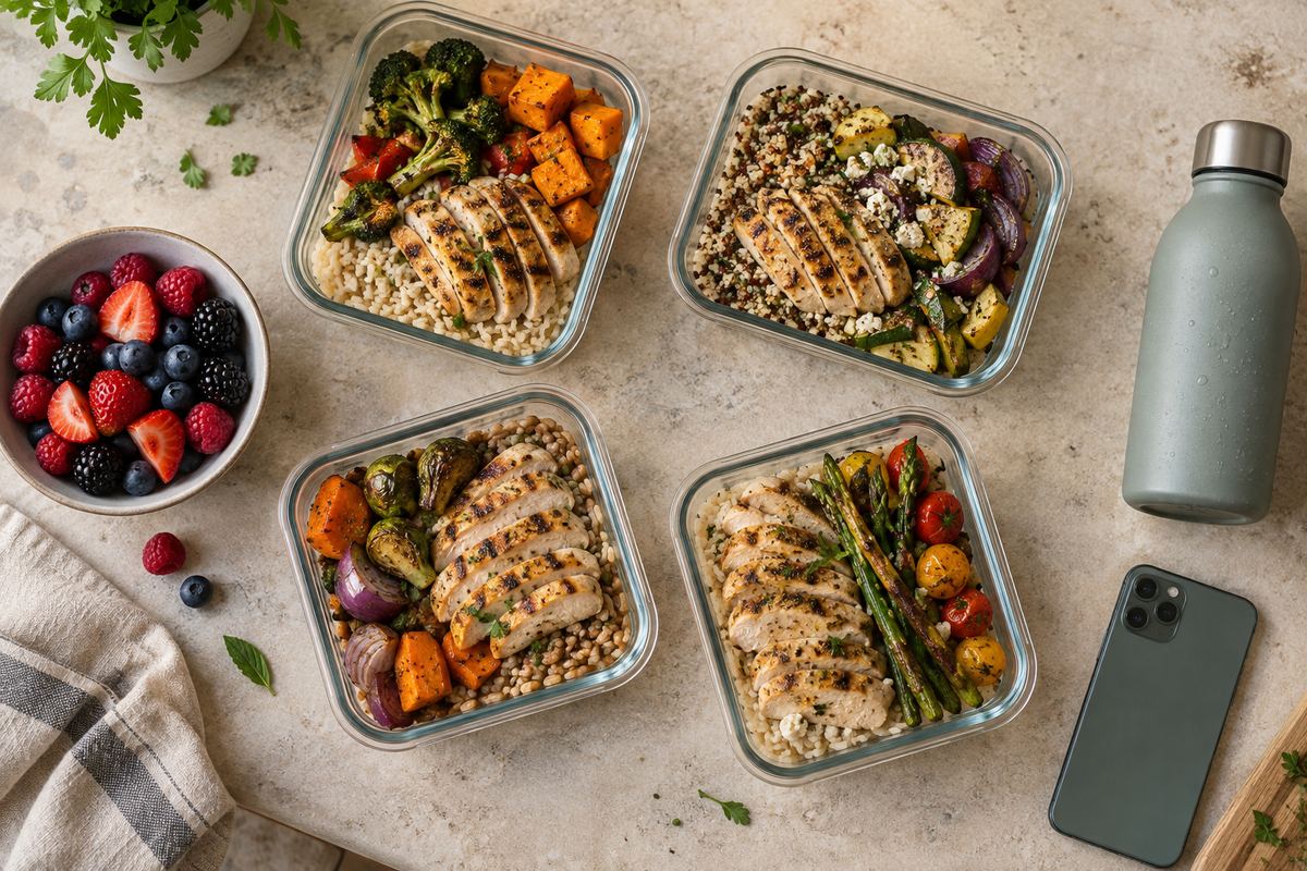 Four meal-prep containers, a bowl of berries, a water bottle and a phone on a kitchen counter
