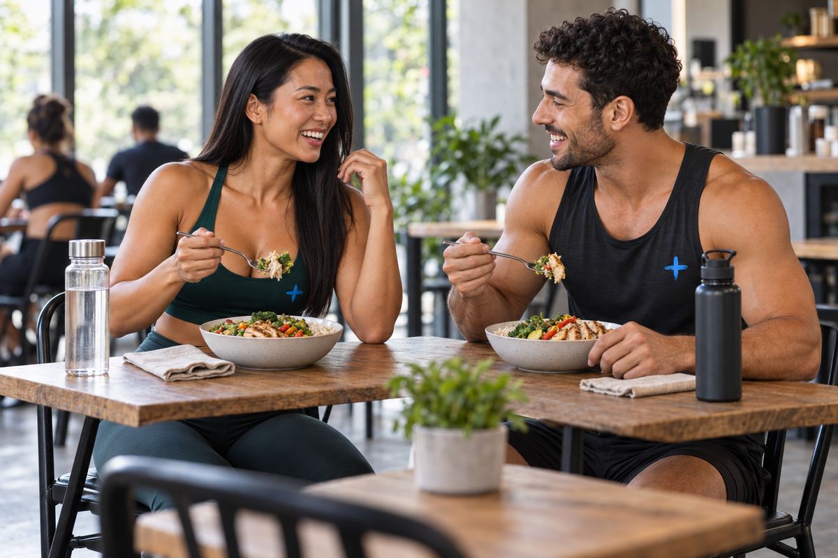 A woman and a man laugh over bowls of chicken, rice and vegetables after training
