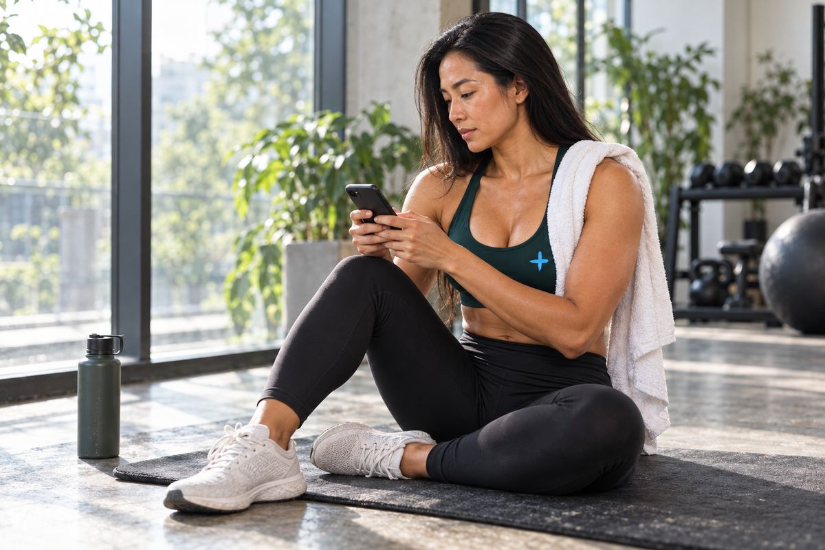 A woman sits on a mat by a window after training and types a question on her phone