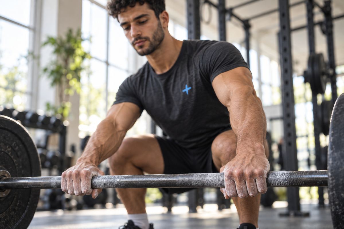 A man grips a loaded barbell before a lift