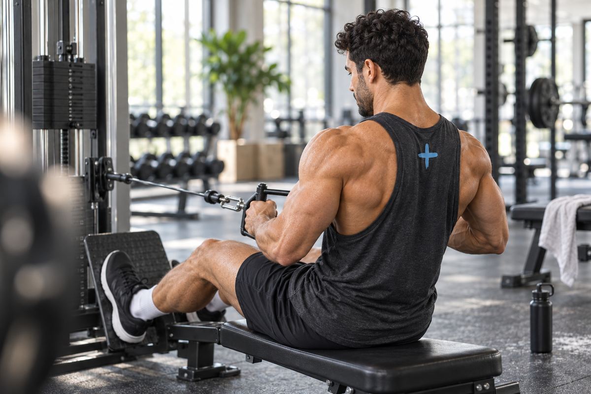 A man does a seated cable row in a bright gym