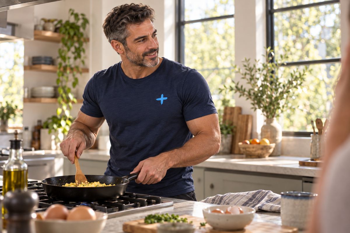 A man cooks eggs in a pan in a sunny kitchen