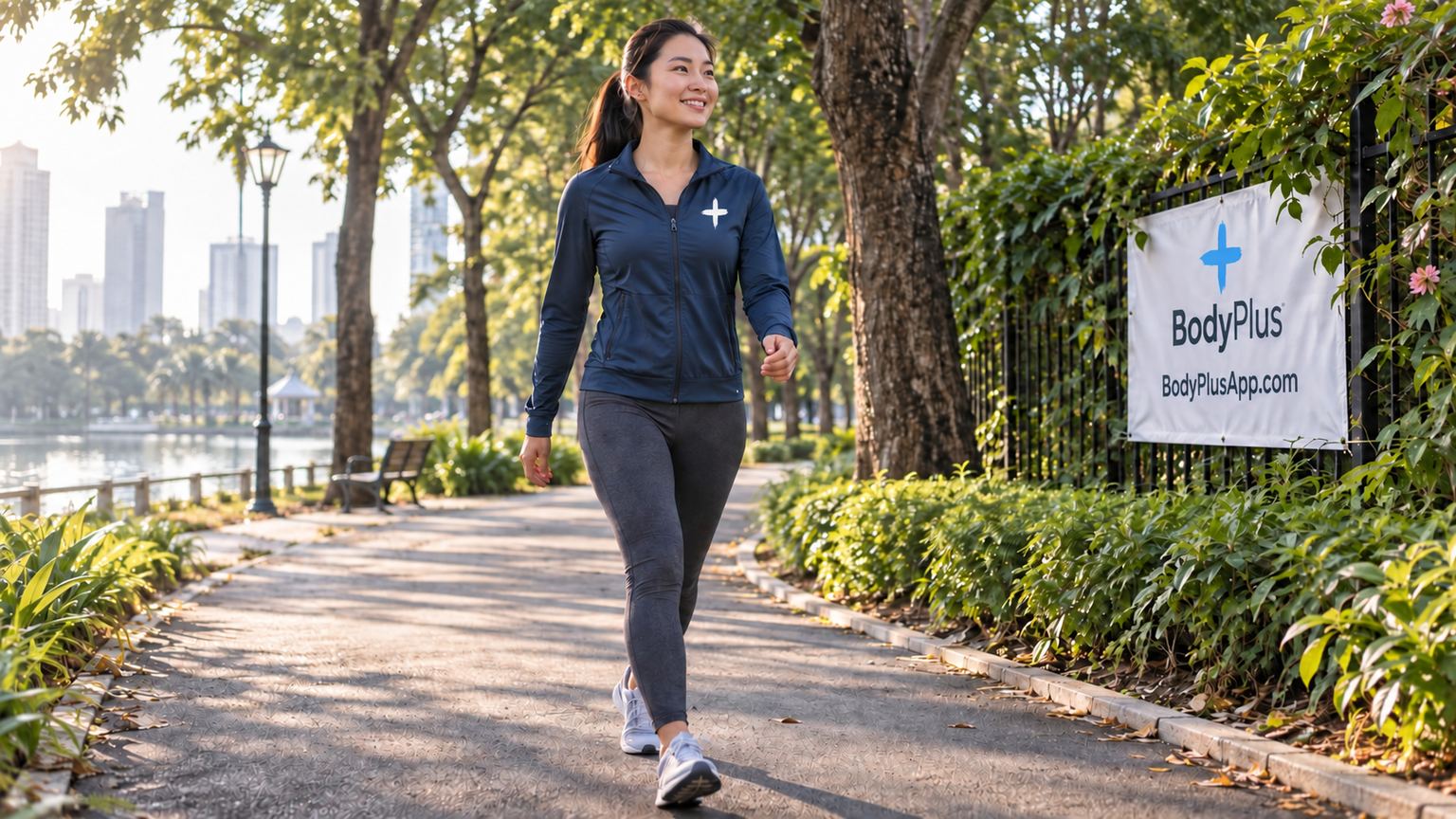 Woman in a jacket and leggings walking on a tree-lined park path beside a lake
