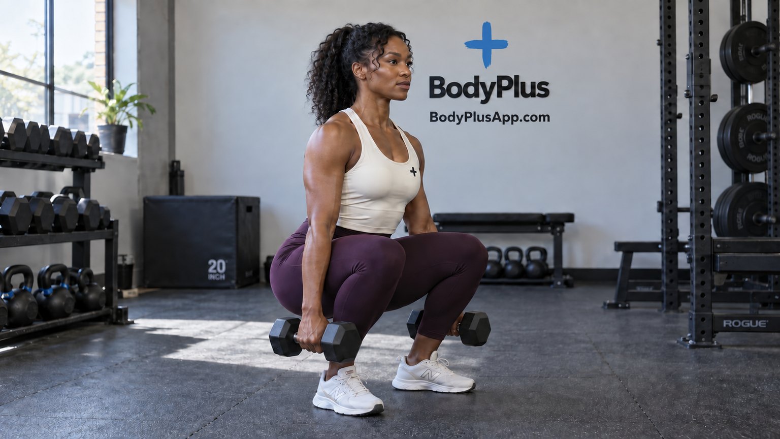 Woman at the bottom of a dumbbell squat, holding a weight at each side in a gym