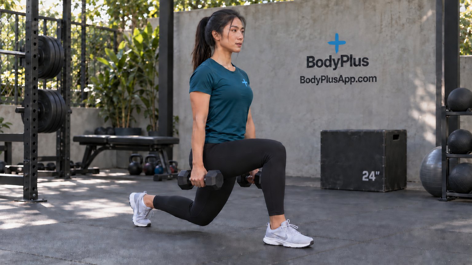 Woman holding a dumbbell in each hand at the bottom of a forward lunge, front thigh near parallel to the floor