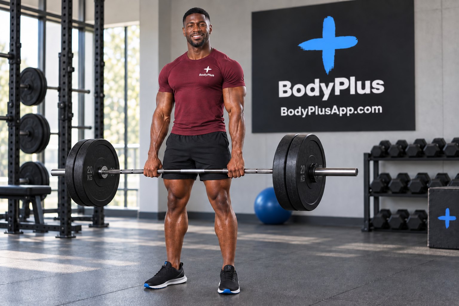 Smiling man standing tall at the top of a deadlift, holding a loaded barbell at hip height with straight arms