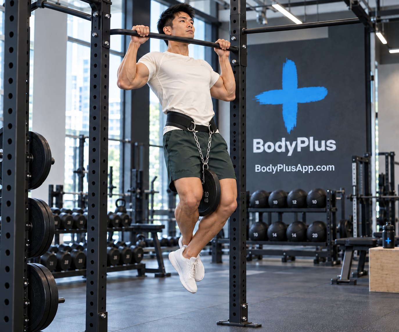 A man doing a weighted pull-up in a gym with a dip belt around his waist and a chain holding a weight plate between his knees, his chin close to the bar