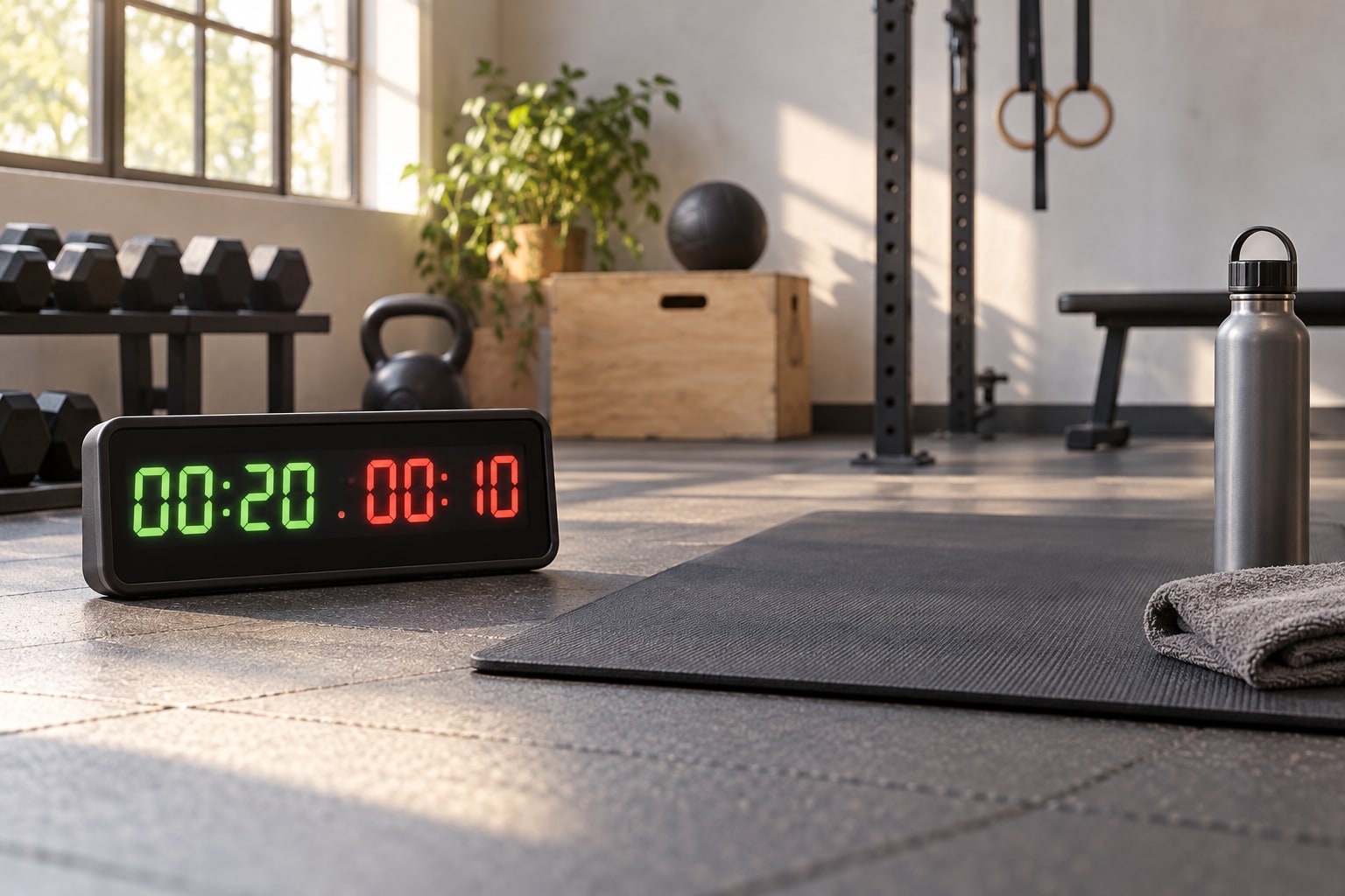 Interval timer on a gym floor showing 00:20 for work and 00:10 for rest, next to a training mat, a water bottle and a towel