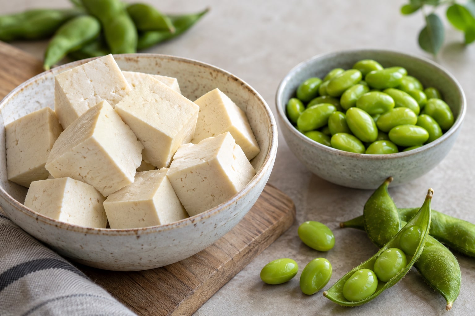 Bowls of cubed tofu and green edamame beans with pods nearby