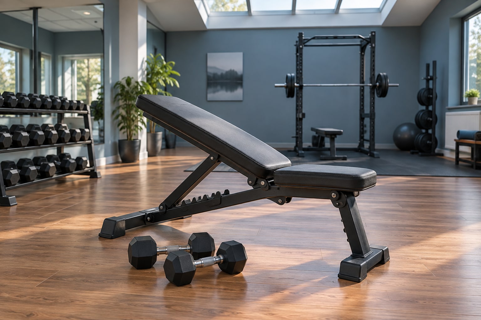 Incline bench and dumbbells on a gym floor