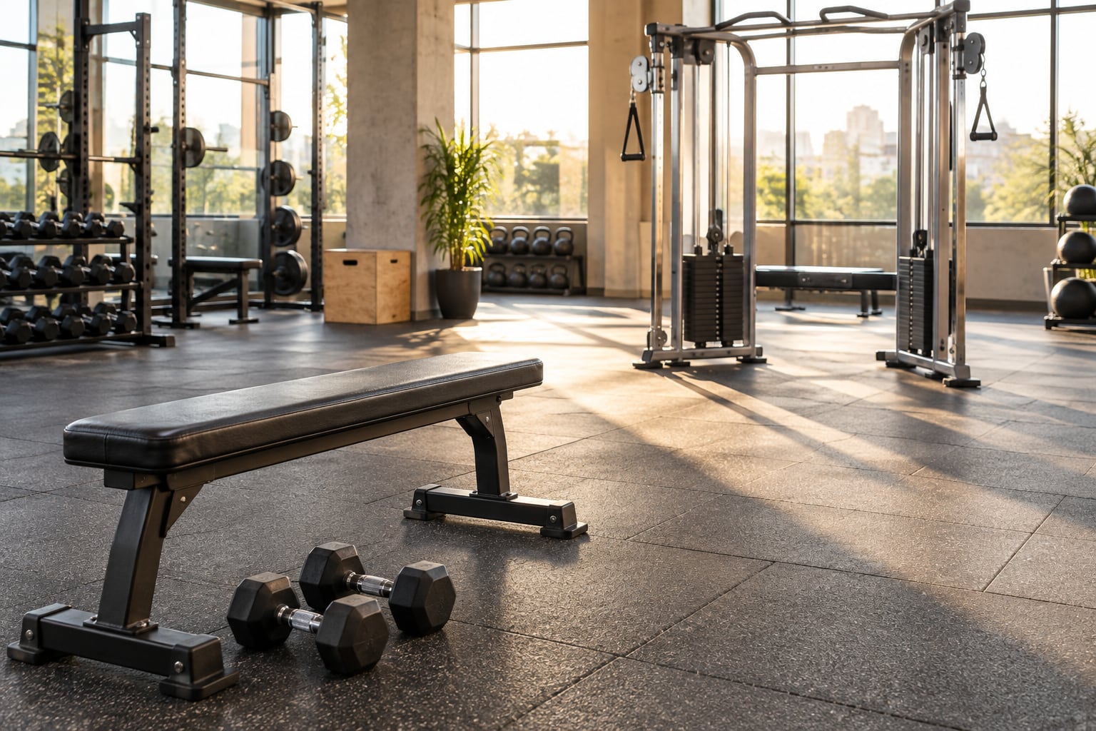 Empty gym with a flat bench and a pair of dumbbells in front, and a cable station and dumbbell racks behind in warm sunlight