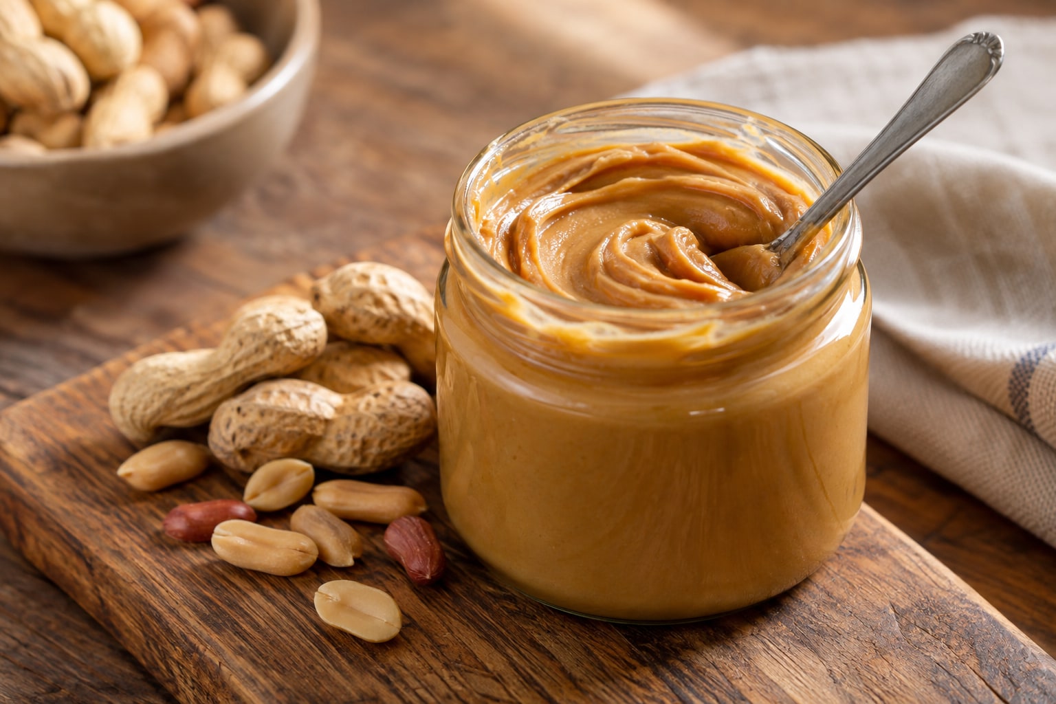 Open jar of peanut butter with a spoon and peanuts on a board