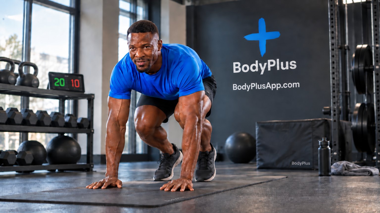 Man in a blue T-shirt crouched on a mat in a gym, hands on the floor and ready to move, with kettlebells and a 20-second work and 10-second rest timer on the shelf behind him