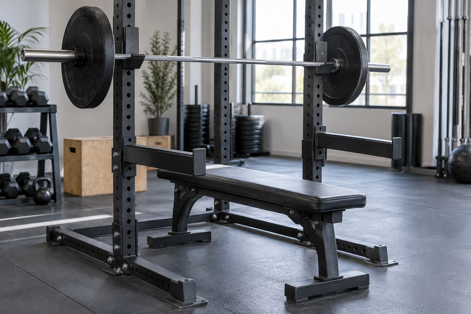 Power rack with safety arms set just above a flat bench and a loaded barbell in the hooks