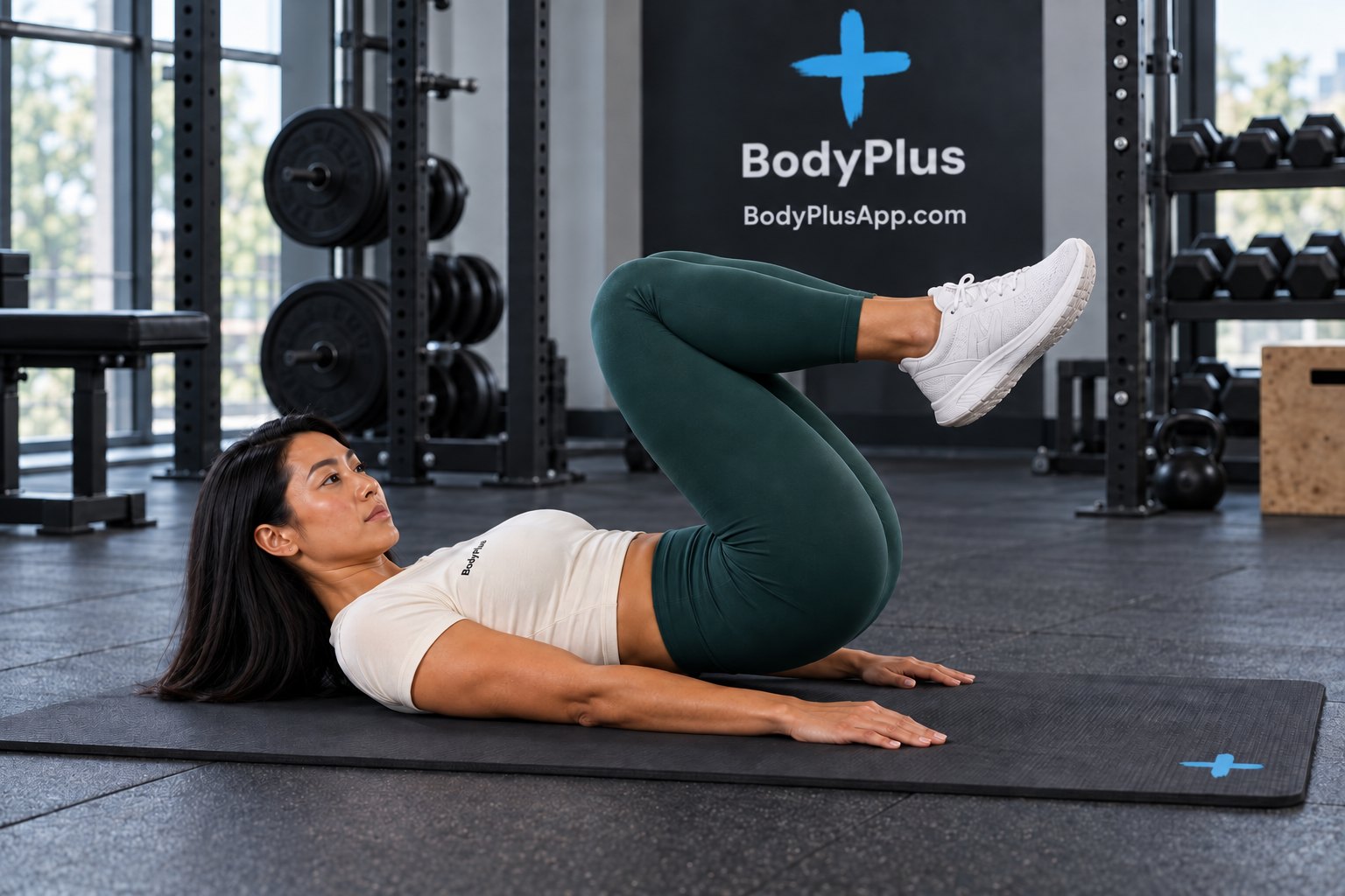Woman on a mat with both knees lifted toward her chest