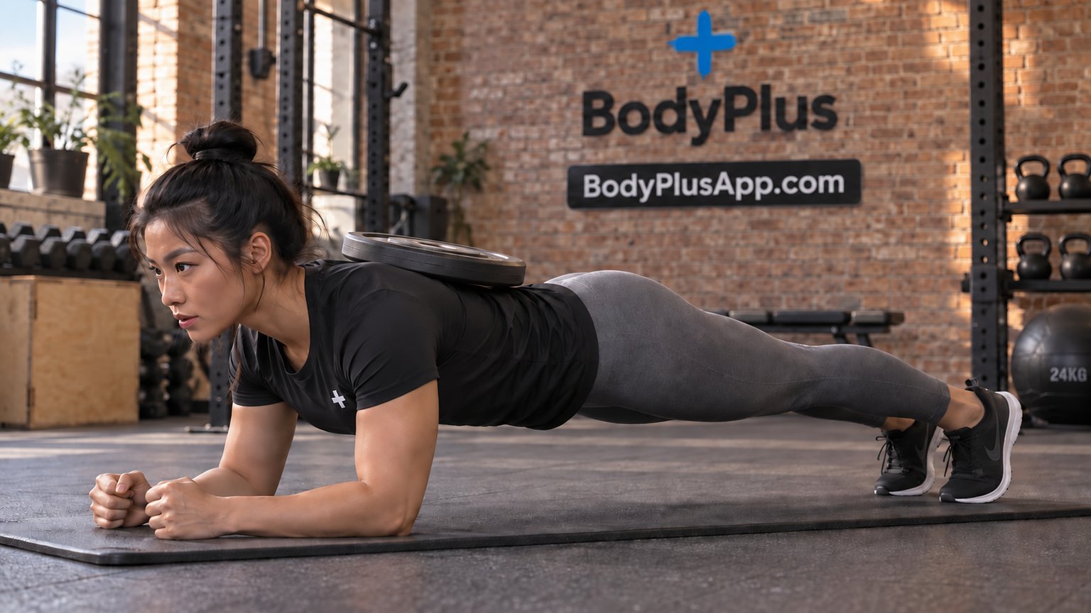 Woman doing a weighted forearm plank with a weight plate resting on her upper back