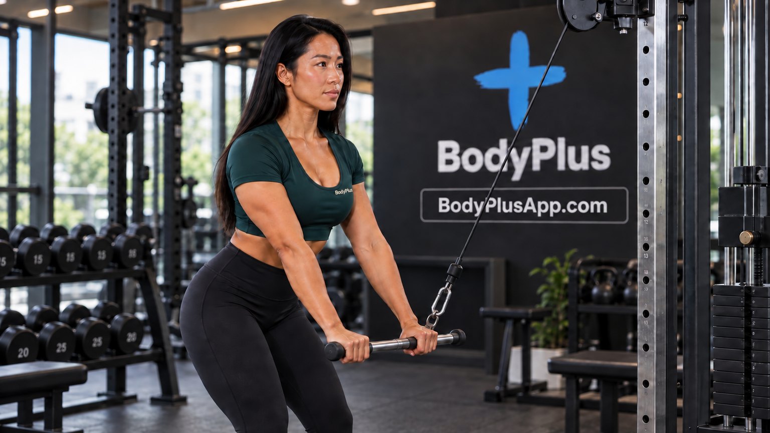Woman holding a straight bar near her thighs at a high cable pulley