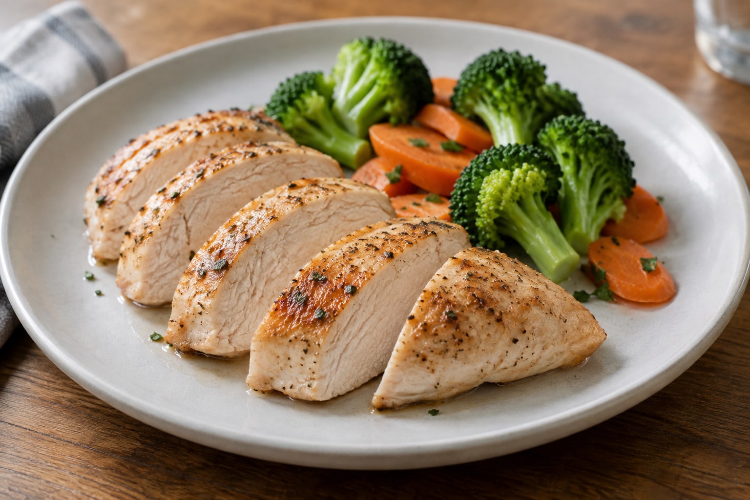 Sliced cooked chicken breast with broccoli and carrots on a plate
