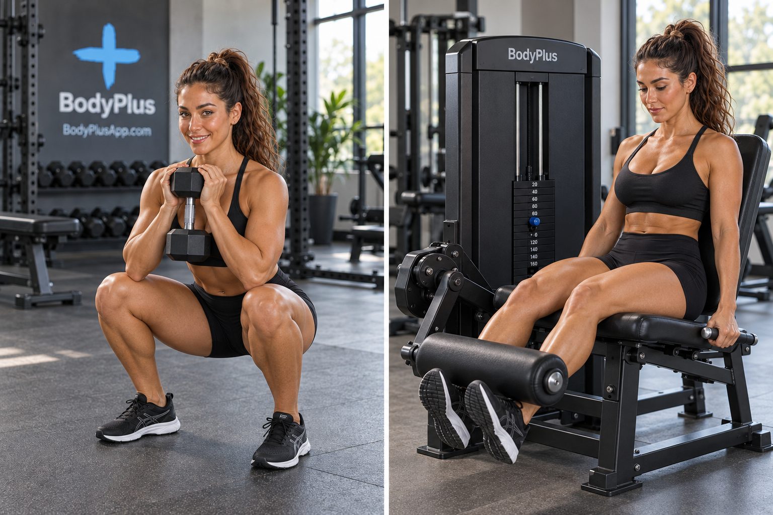 Two gym photos side by side: on the left a woman doing a goblet squat with a dumbbell (a compound exercise), on the right a woman seated on a leg extension machine (an isolation exercise)