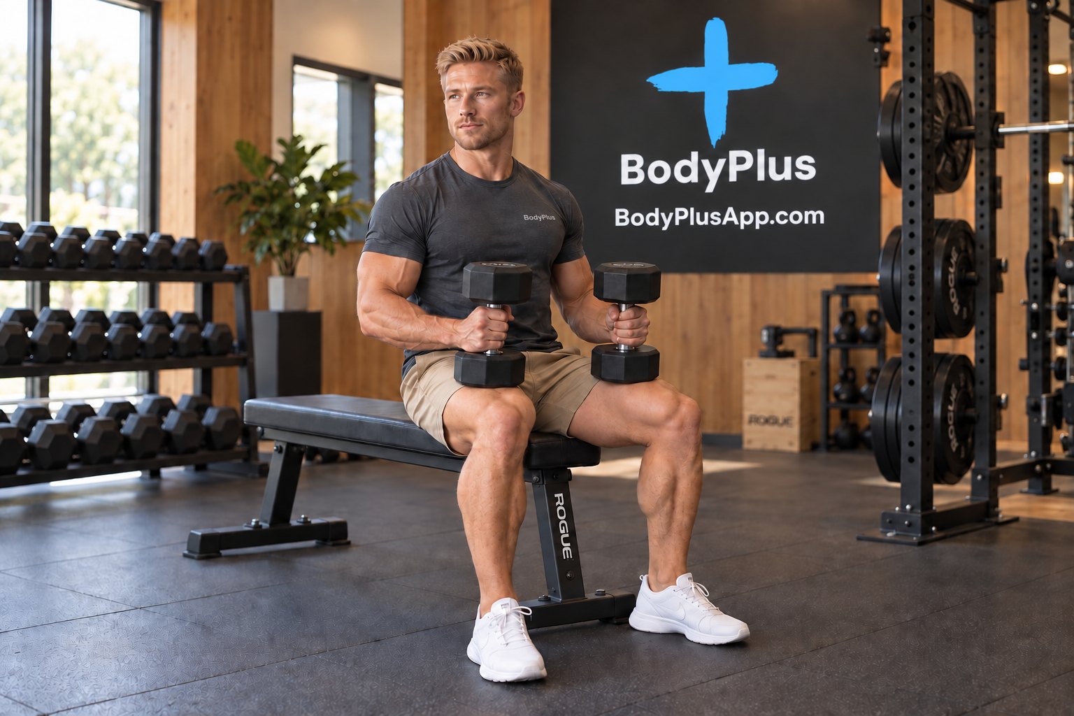 Man sitting on a flat bench holding a dumbbell upright on each thigh