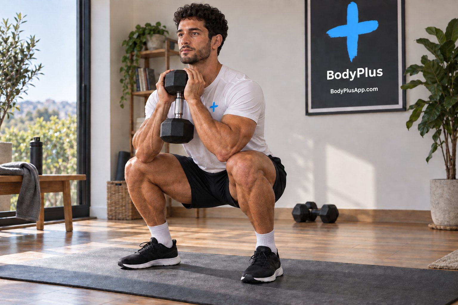 A man in a bottom squat holding a dumbbell at his chest (a goblet squat) in a bright home gym with a sofa and an exercise ball