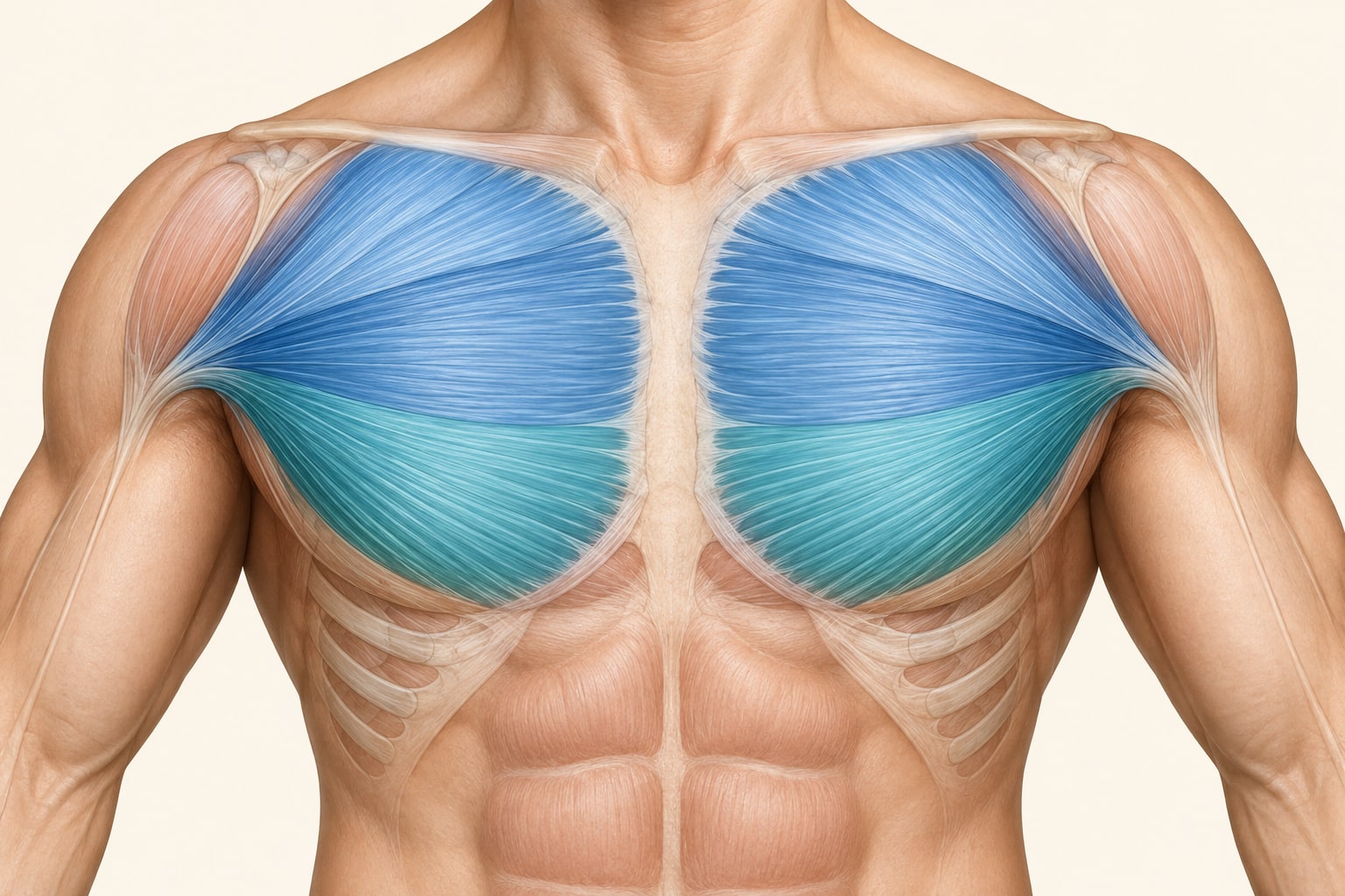 Anatomical illustration of the chest with fan-shaped pectoralis major fibers highlighted in blue and teal