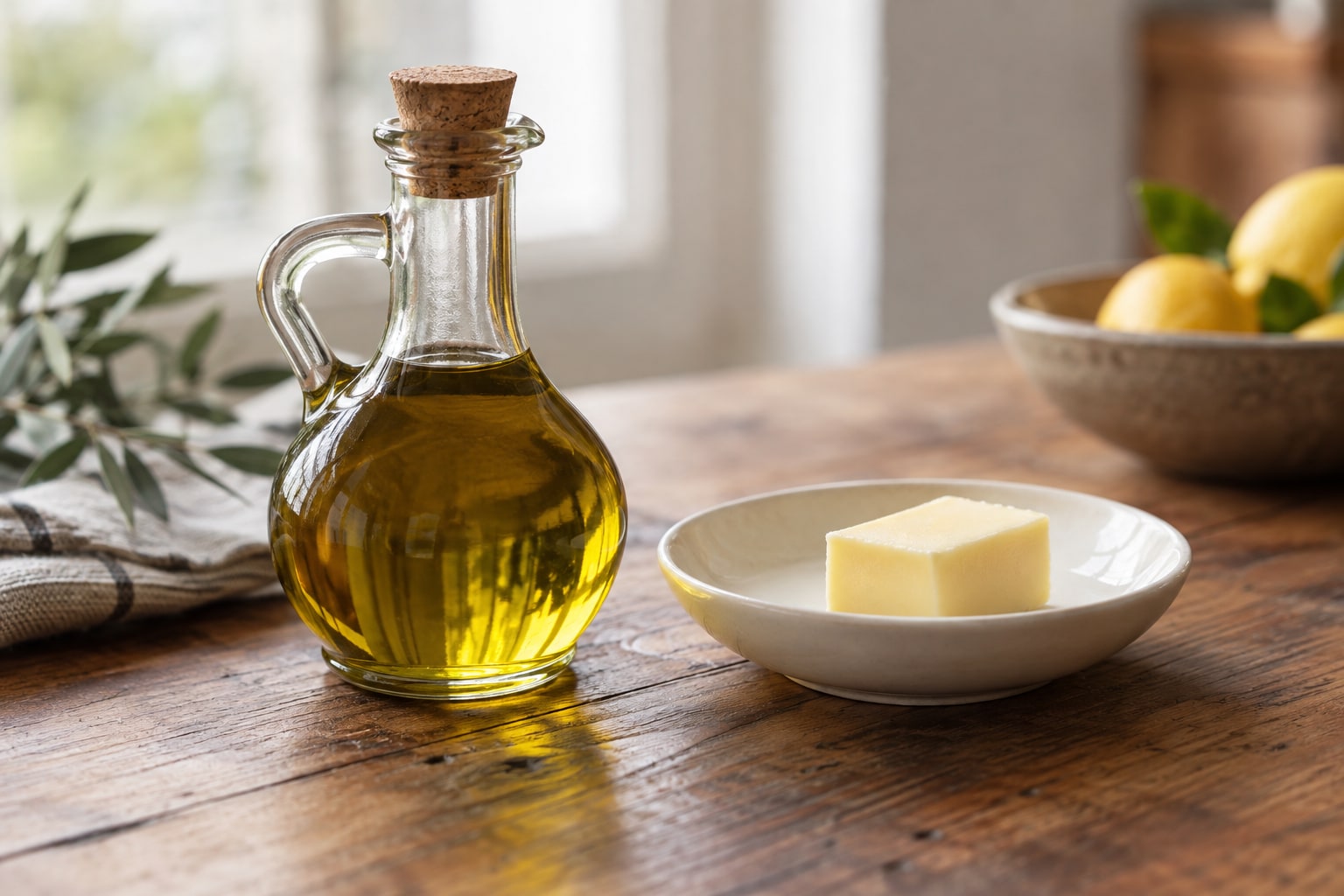 Une burette d’huile d’olive à côté d’un morceau de beurre sur une assiette, sur une table en bois