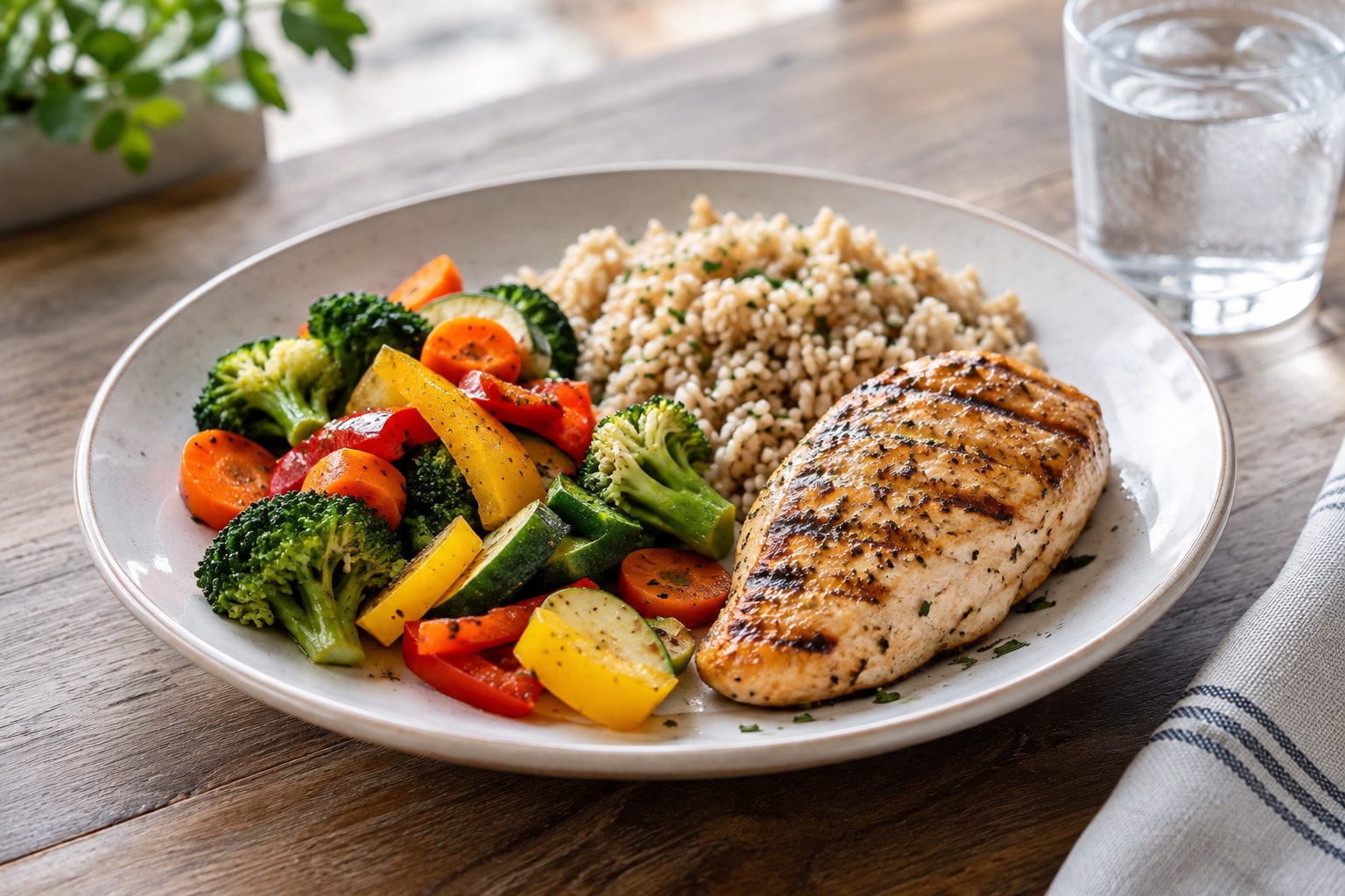 Grilled chicken breast with rice and mixed vegetables on a plate beside a glass of water