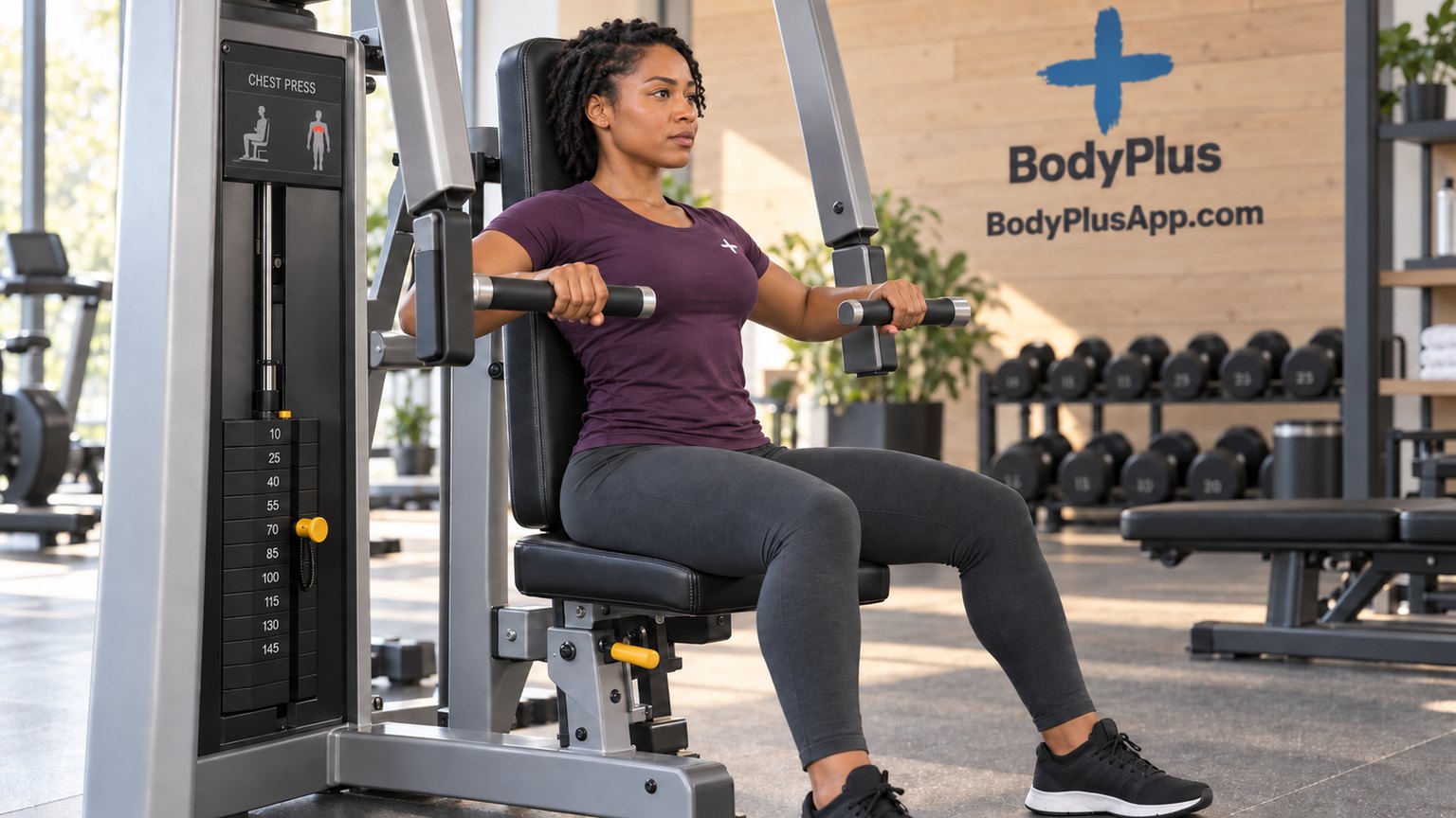 Woman seated at a chest press machine, holding the handles near chest level with her back against the pad
