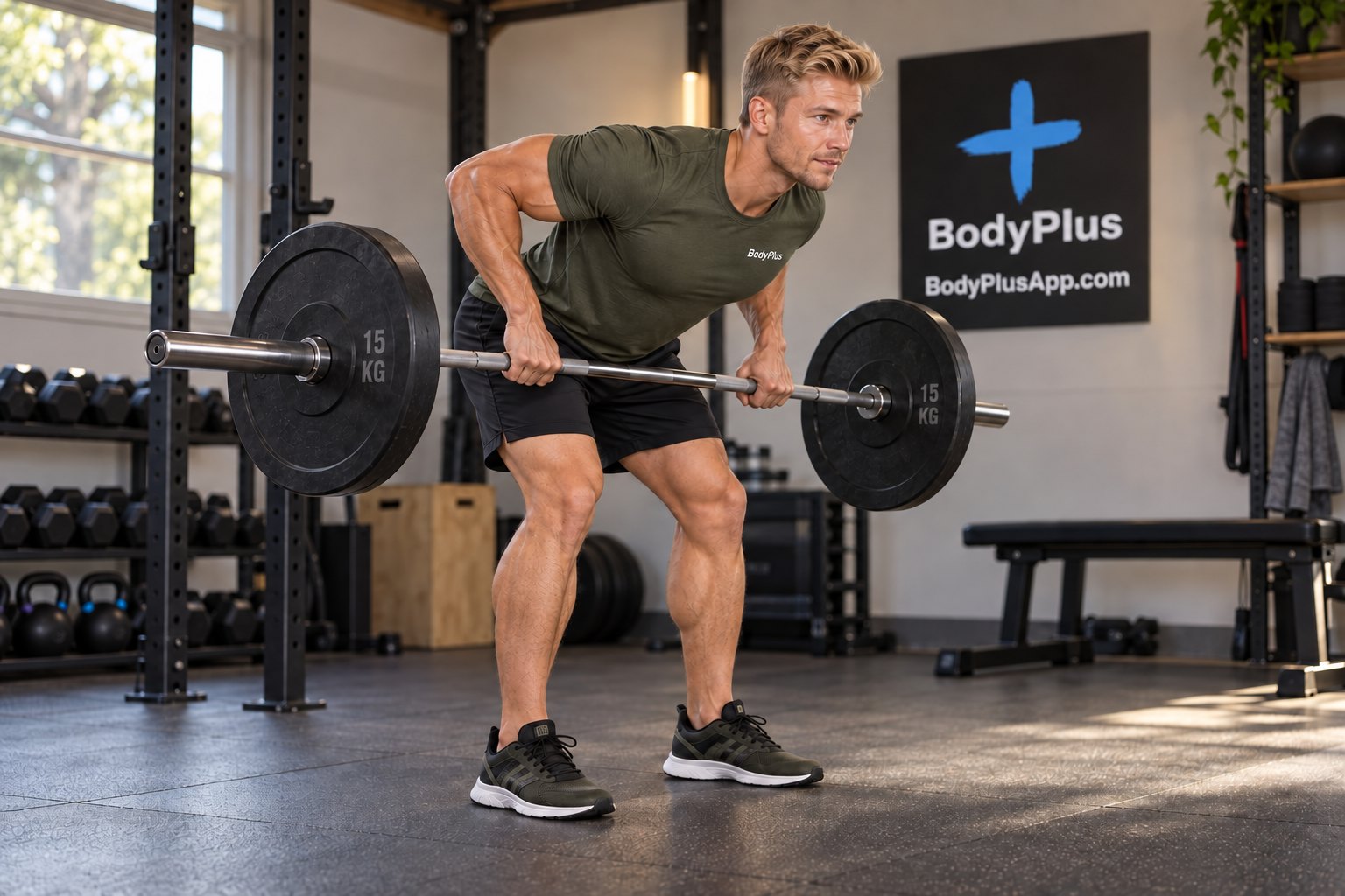 Man rowing a loaded barbell while bent forward in a gym