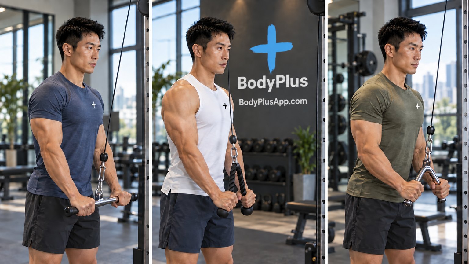 Three side-by-side views of a man at a cable machine, holding a straight bar in the first, a rope in the second and a V-bar in the third, with his elbows at his sides
