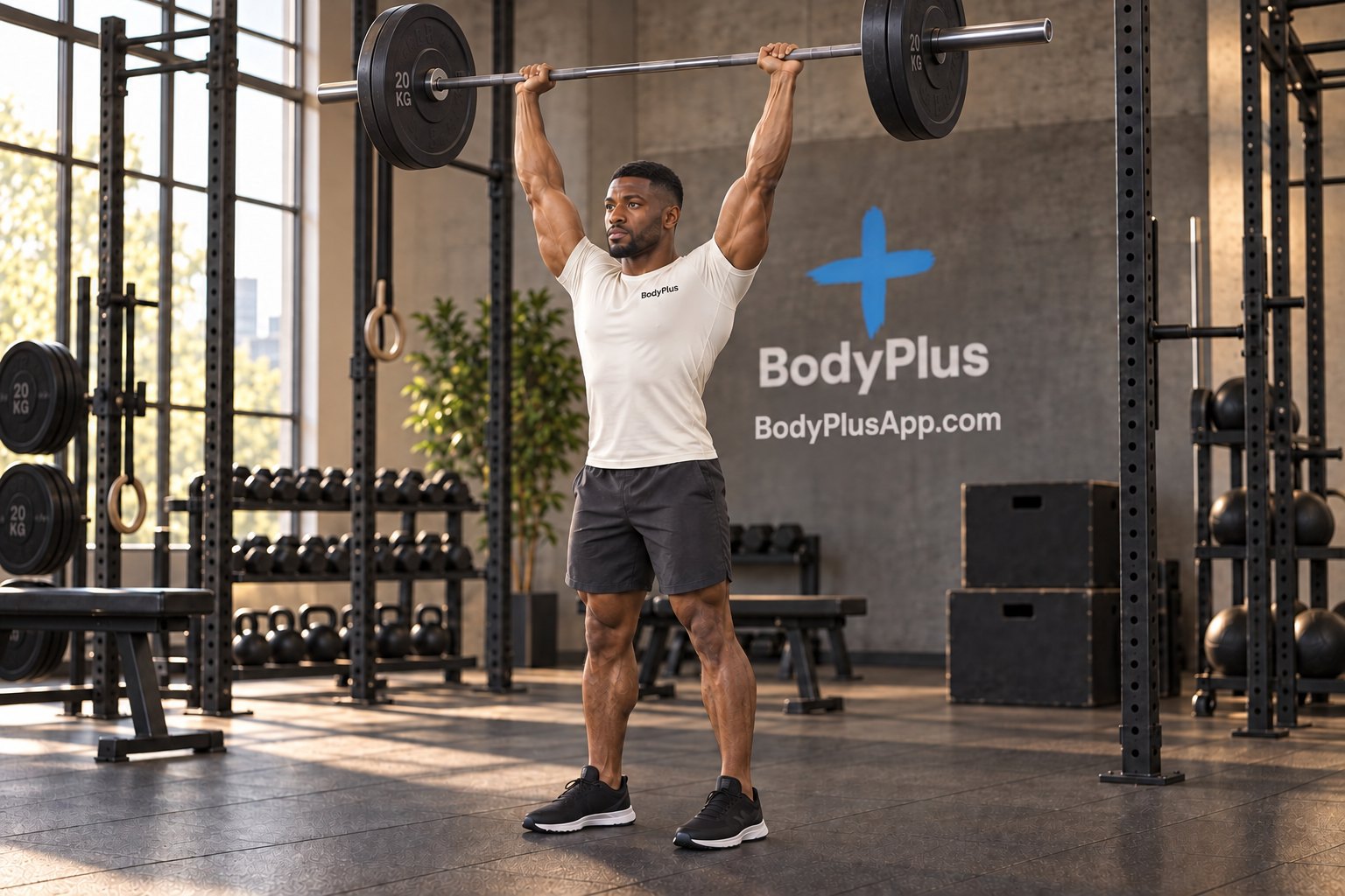 Man standing in a gym with a loaded barbell locked out straight overhead at the top of a standing overhead press