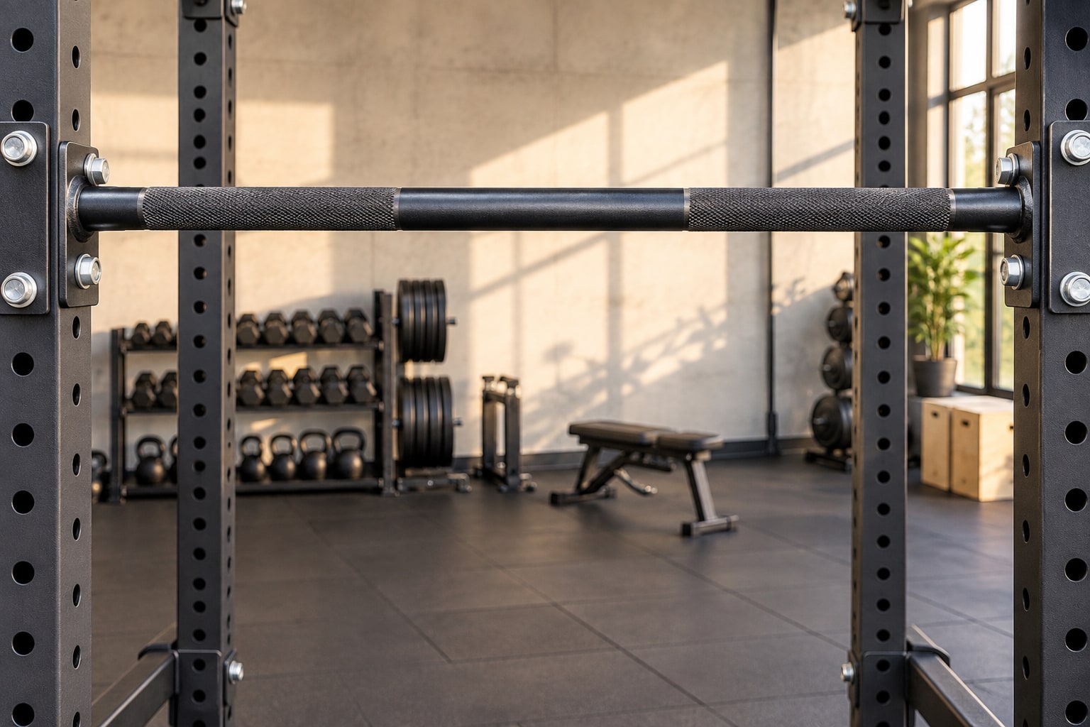 A sturdy pull-up bar with knurled grips fixed between the uprights of a power rack in a bright gym, with dumbbells, kettlebells, weight plates and a bench in the background