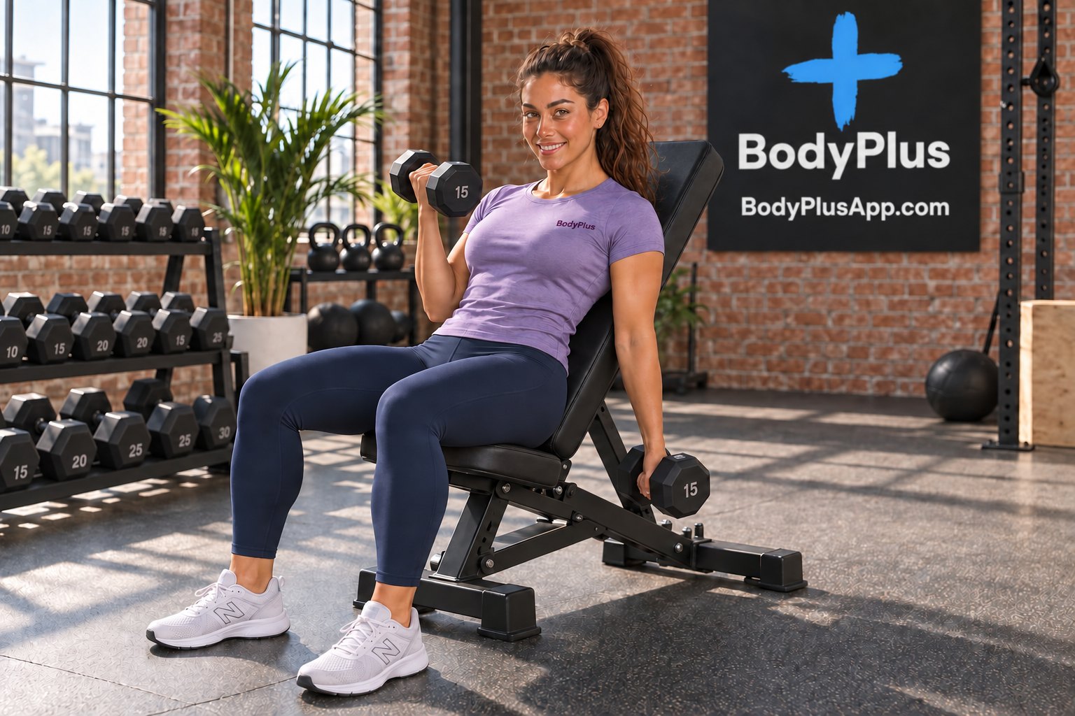 Woman in a purple T-shirt sitting back on an incline bench in a gym, curling one dumbbell toward her shoulder while her other arm hangs down at her side