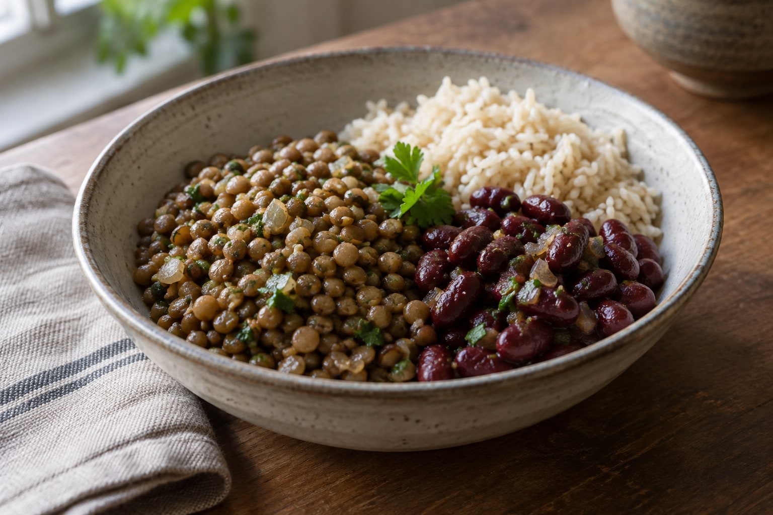 A ceramic bowl with separate portions of cooked lentils, red kidney beans and white rice
