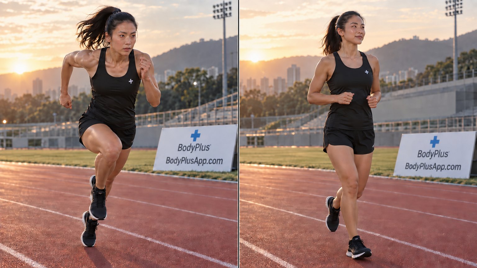 Zwei Ansichten einer Frau beim Sprinten und beim Joggen auf einer Laufbahn im Freien