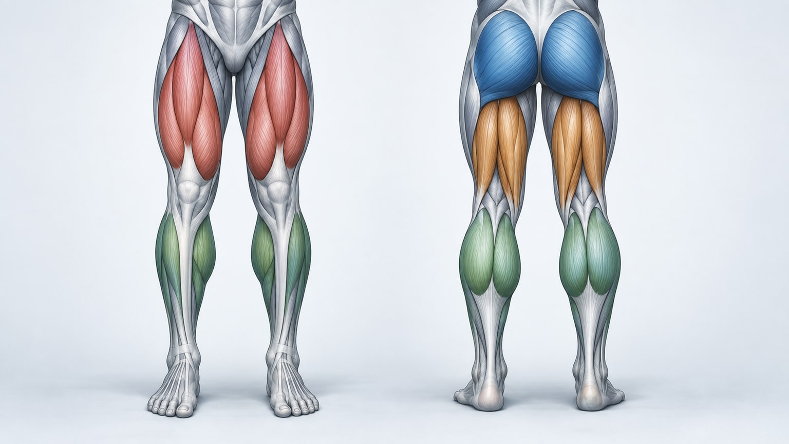 Front and back views of leg muscles, with hamstrings highlighted on the back of the thighs