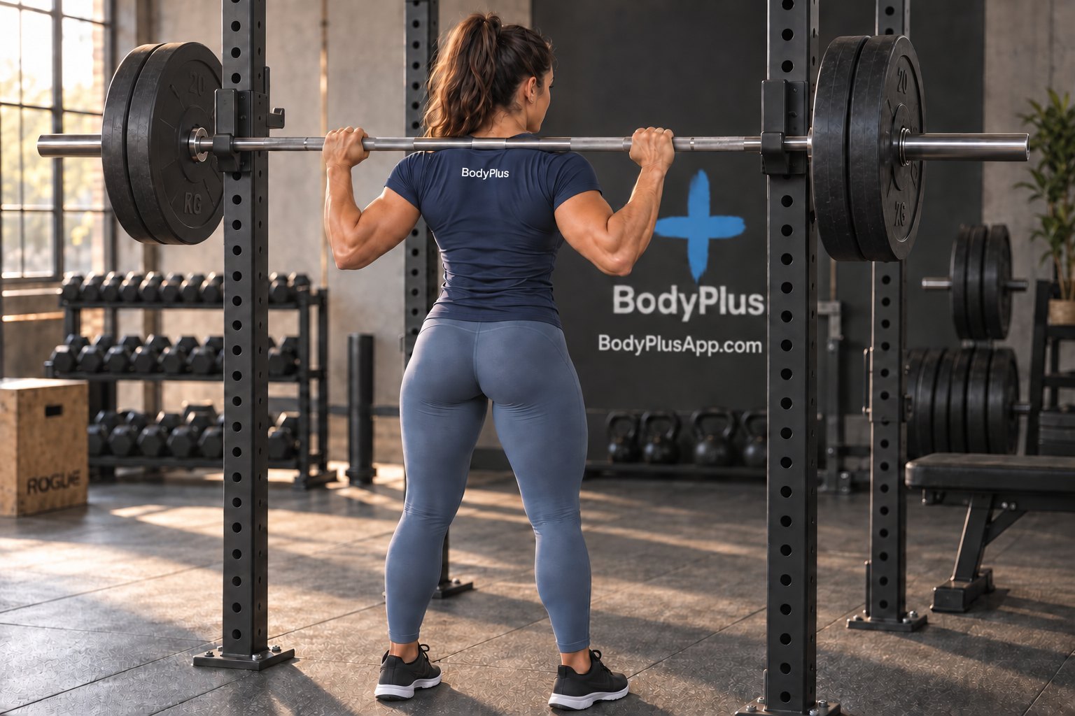 Woman seen from behind inside a squat rack, gripping a loaded barbell across her upper back with her hands wider than her shoulders and her feet about shoulder-width apart