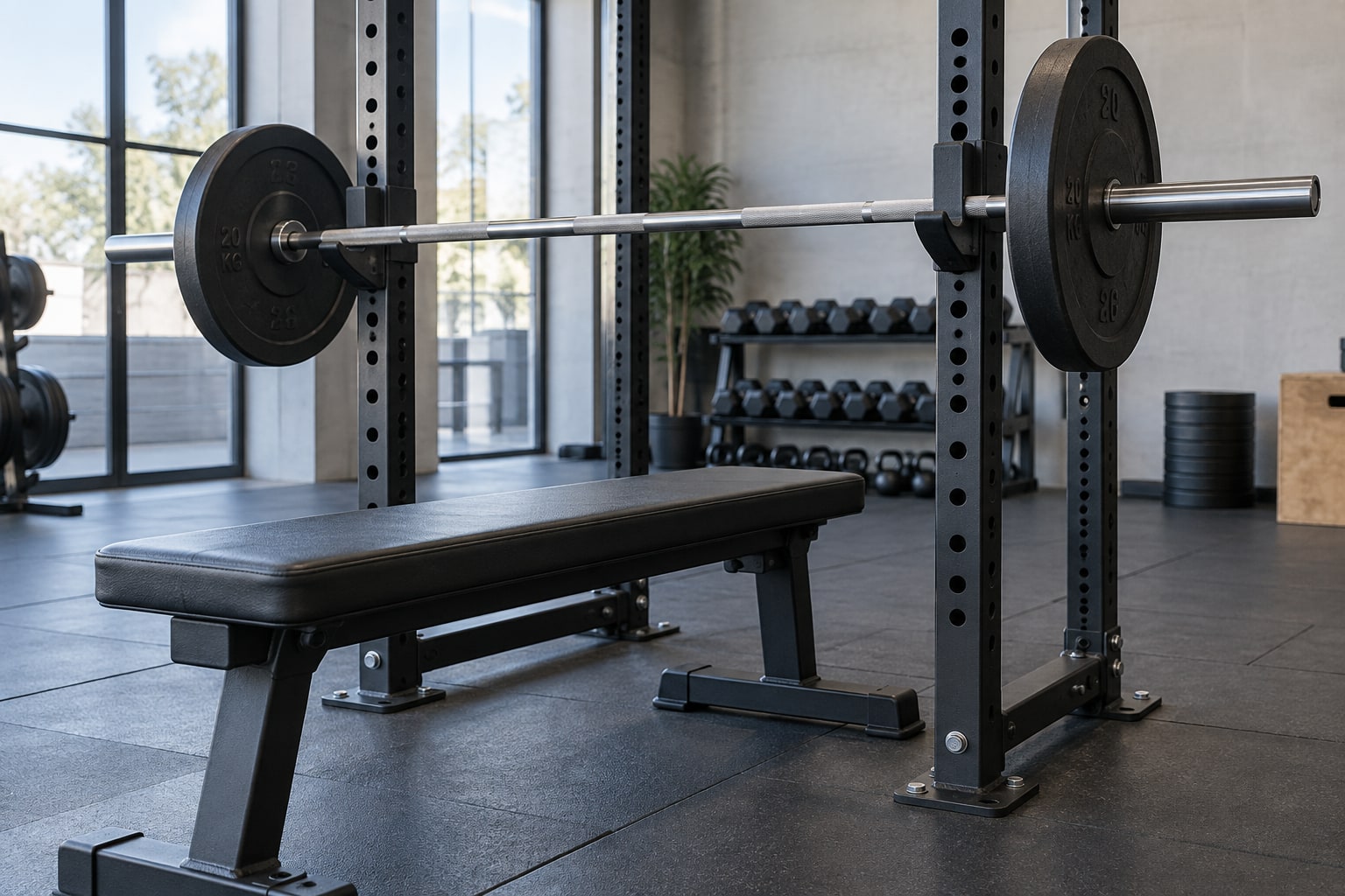 Loaded barbell resting in the hooks of a power rack above an empty flat bench