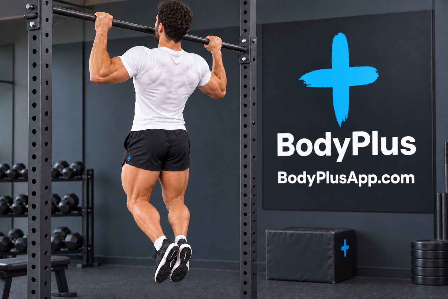 Man seen from behind at the top of a pull-up on a gym bar