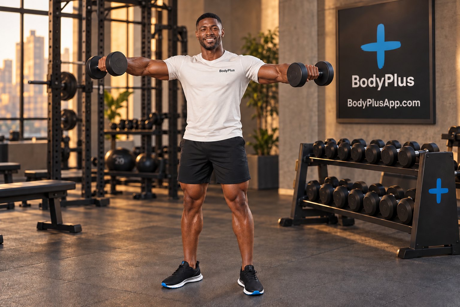 Person raising dumbbells out to the sides in a gym