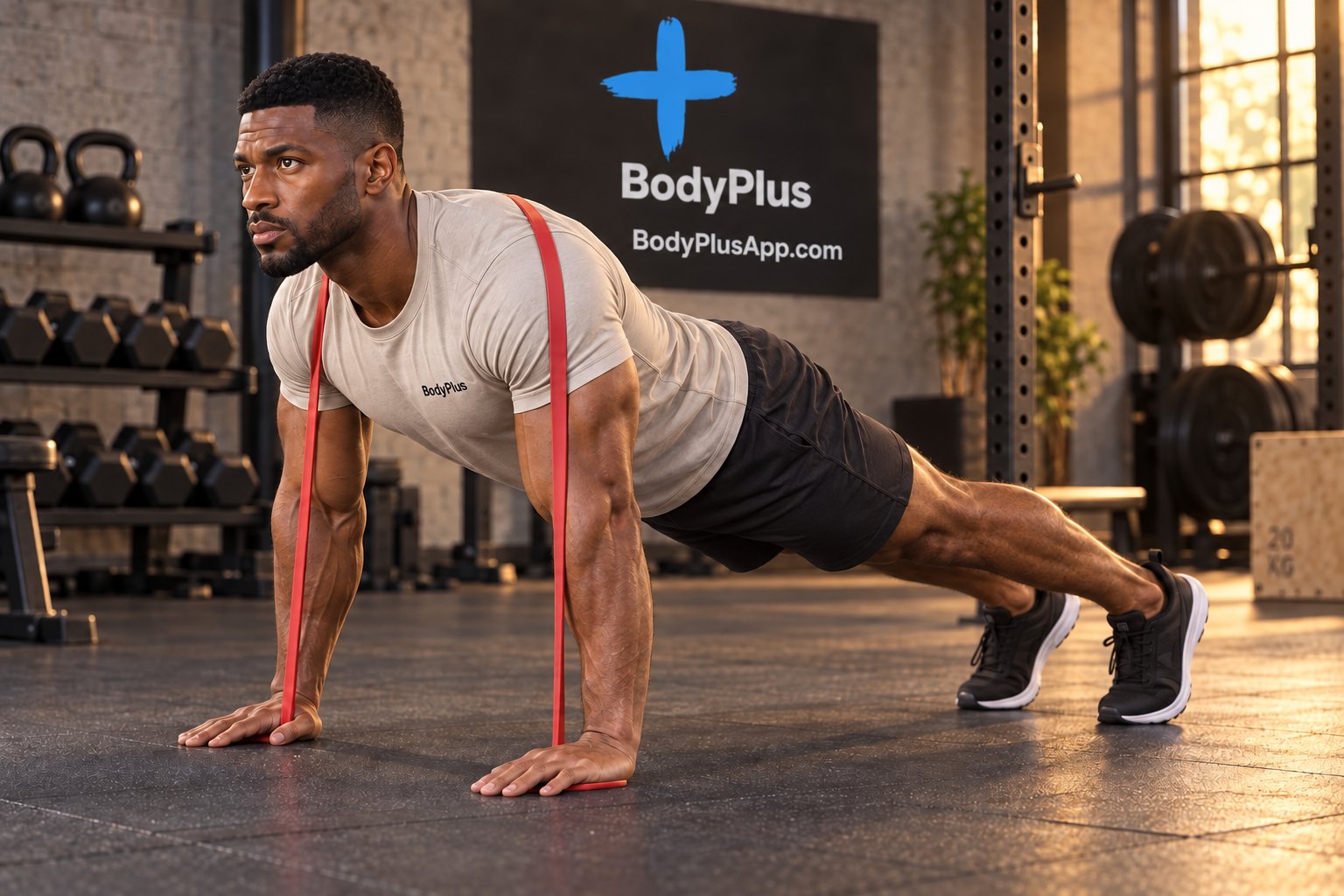 Man in the top push-up position with a red resistance band across his upper back and under his hands, body straight, in a gym