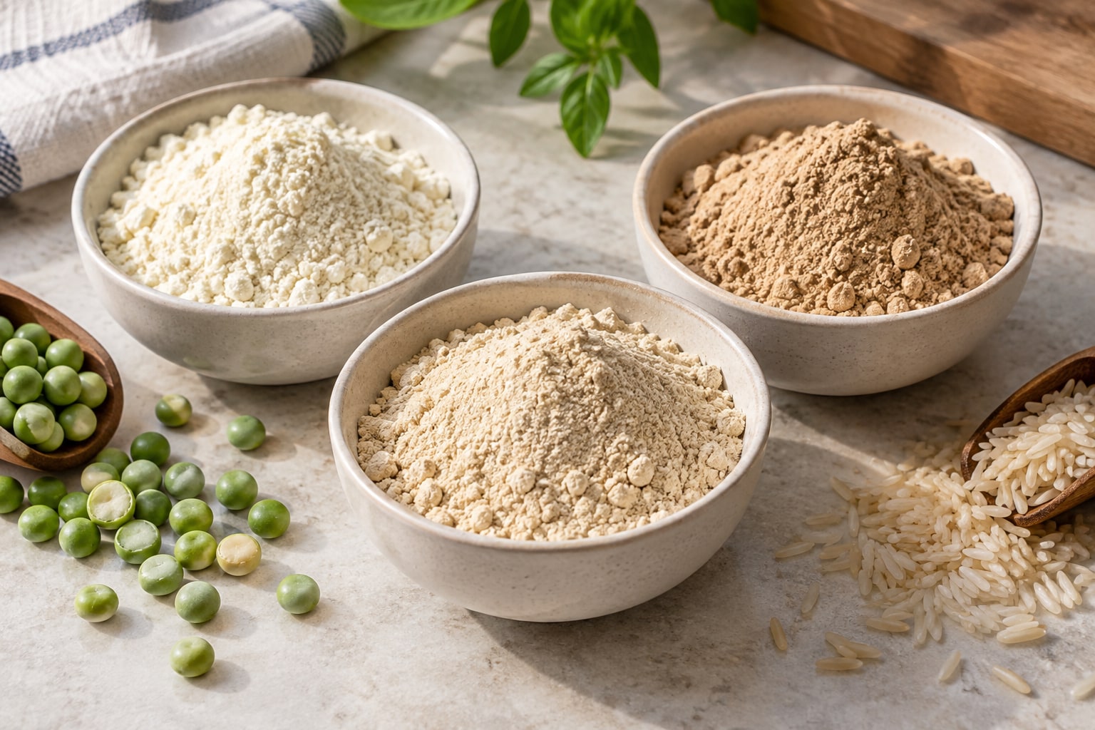 Three bowls of pale and brown protein powders beside green peas and uncooked rice