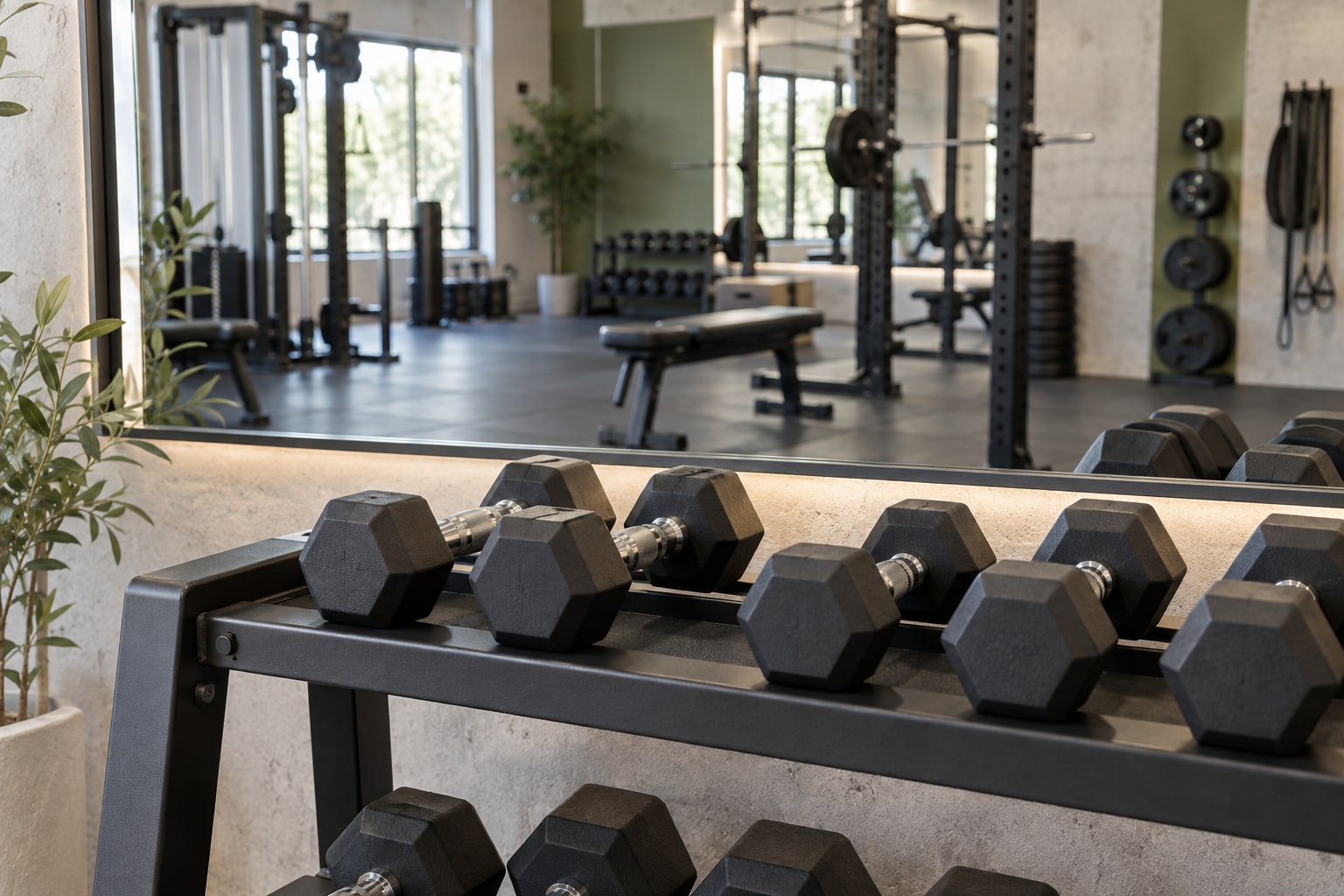 Rack of black hexagonal dumbbells in a gym, with a mirror, a bench and a squat rack behind it