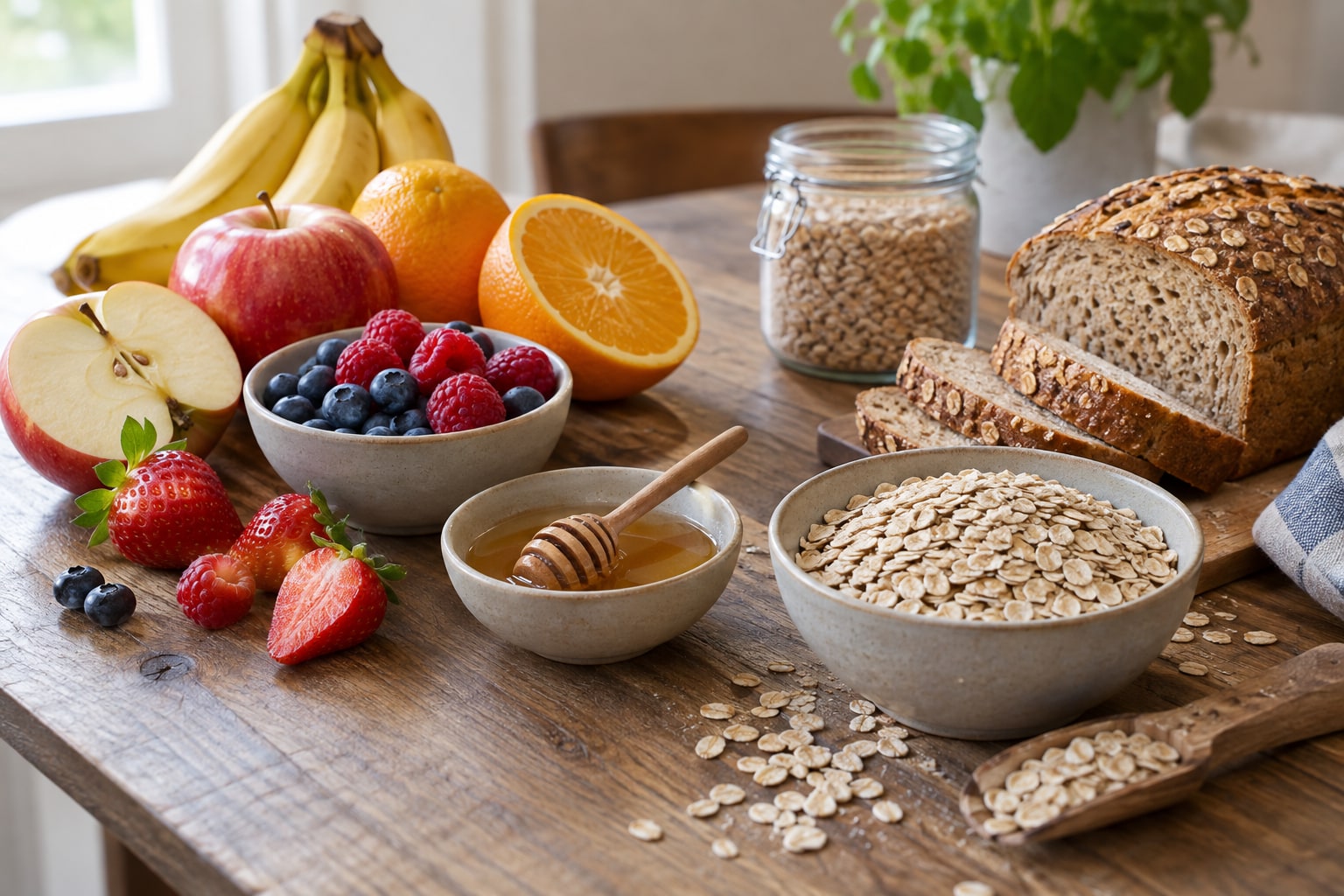 Obst, Honig, Haferflocken und Vollkornbrot auf einem Holztisch