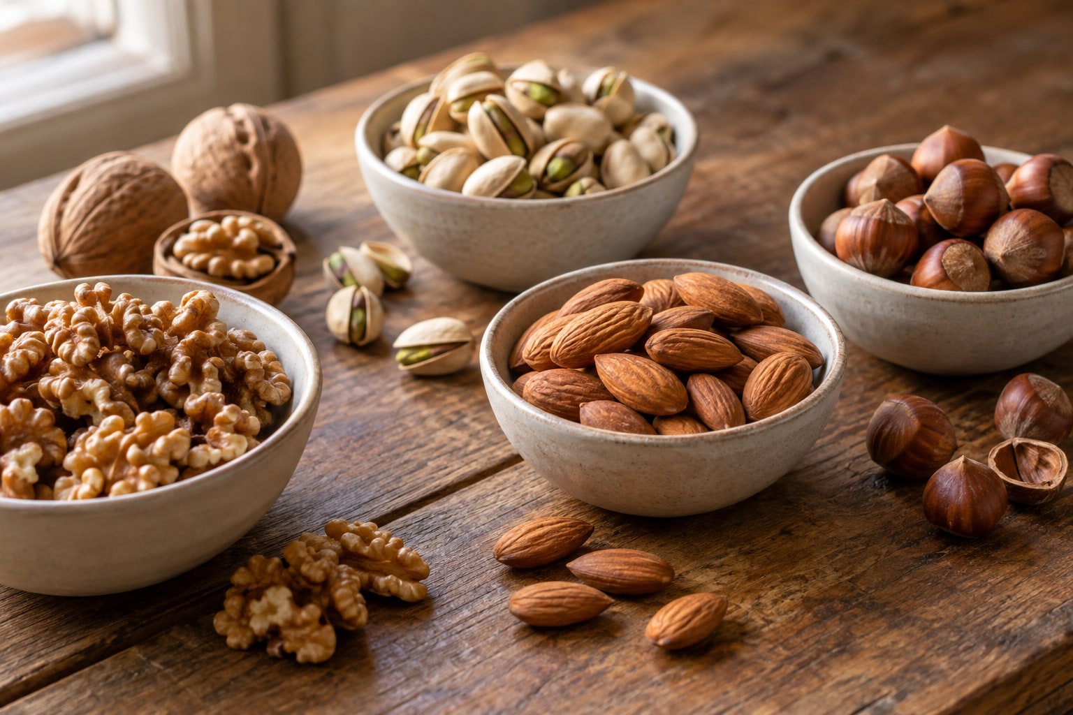 Bowls of walnuts, almonds, pistachios and hazelnuts on a wooden table