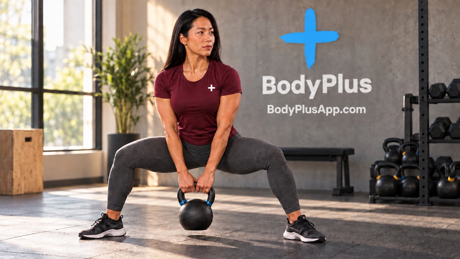 Woman in a wide squat holding a kettlebell between her legs