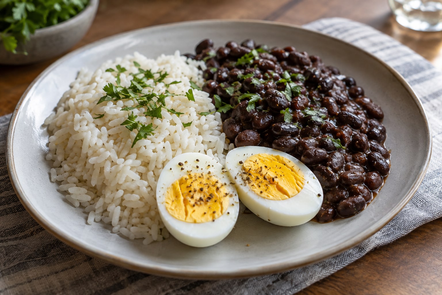 White rice, black beans and a halved boiled egg garnished with herbs on a plate